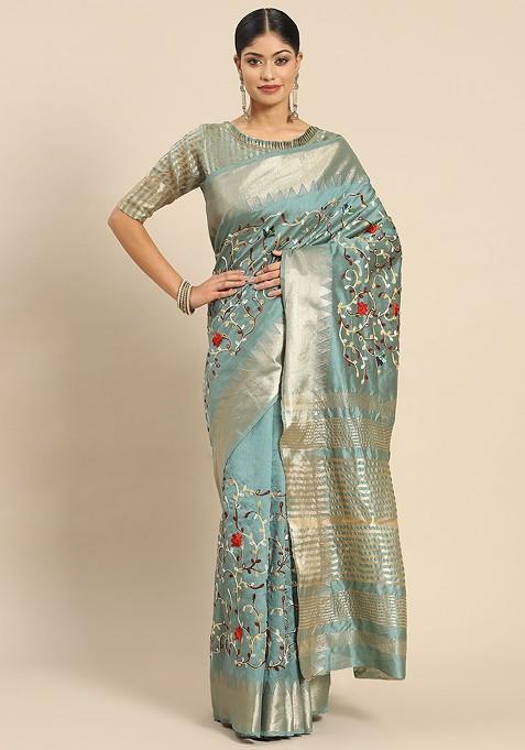Turquoise Blue Printed Blended Saree Set — view on Indya