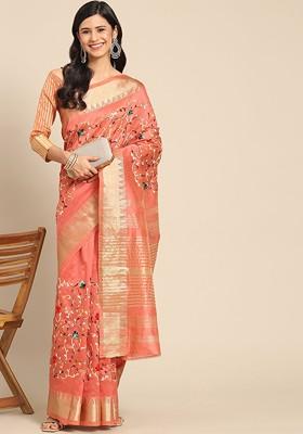 Peach Jacquard Blended Saree Set