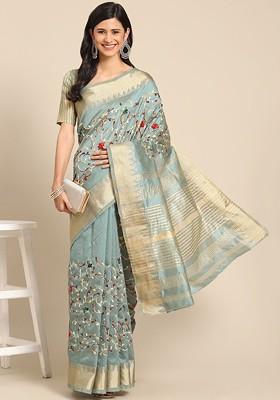 Turquoise Blue Printed Blended Saree Set