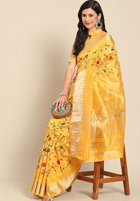 Yellow Printed Blended Saree Set