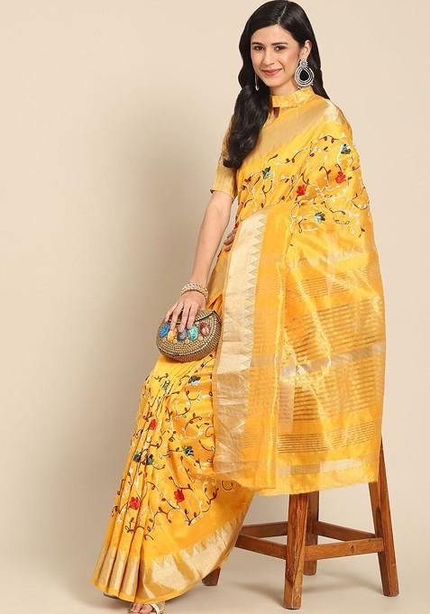 Yellow Printed Blended Saree Set