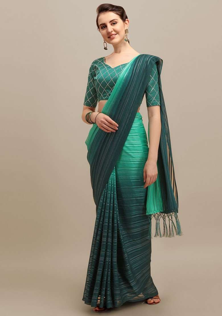 Turquoise Blue Blended Saree Set with Embroidered for Diwali | Wedding & Festive Wear - Indya