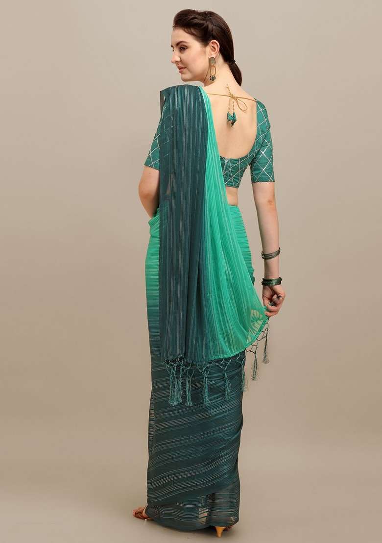 Turquoise Blue Blended Saree Set with Embroidered for Diwali | Wedding & Festive Wear - Indya