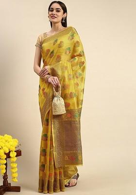 Yellow Jacquard Blended Saree Set