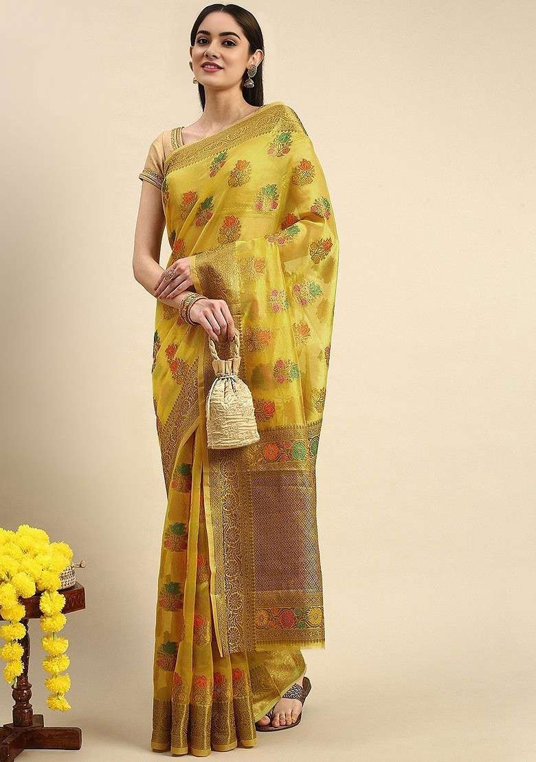 Yellow Jacquard Blended Saree Set - Indya