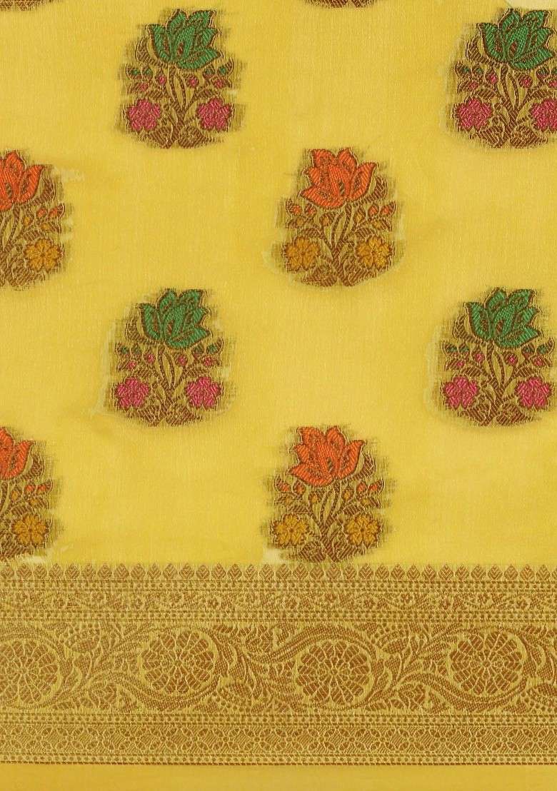 Yellow Jacquard Blended Saree Set - Indya