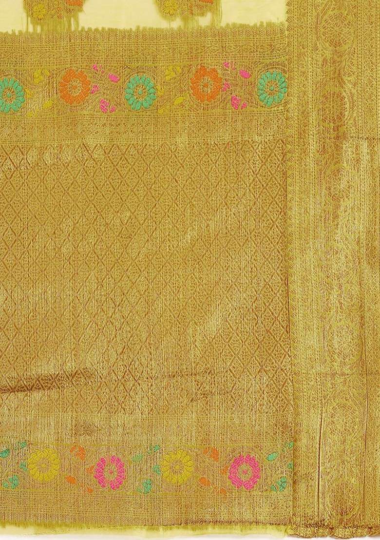 Yellow Jacquard Blended Saree Set - Indya