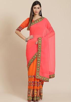 Pink Embellished Blended Saree Set