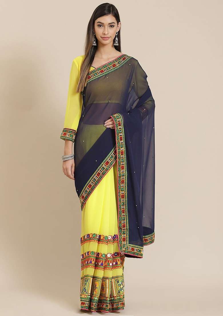 Navy Blue Embellished Blended Saree Set for Diwali | Wedding & Festive Wear - Indya