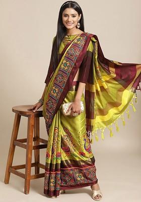 Lime Green Jacquard Blended Saree Set