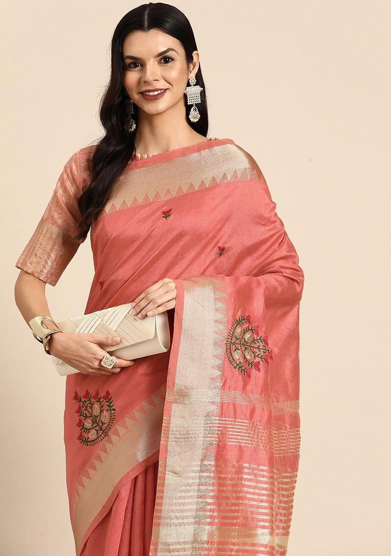 Peach Printed Blended Saree Set