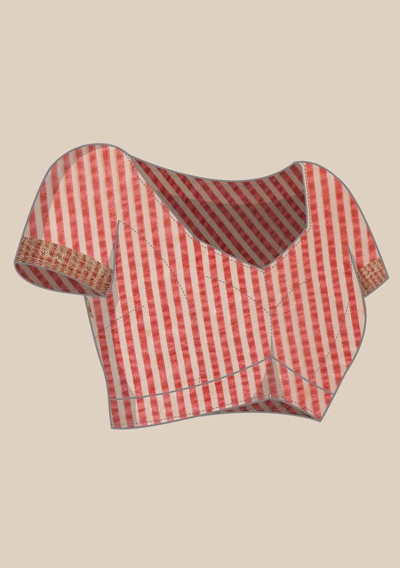 Peach Printed Blended Saree Set