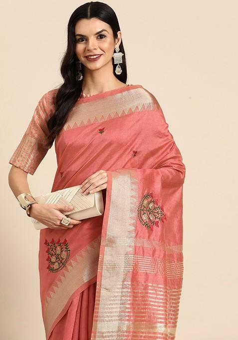 Peach Printed Blended Saree Set
