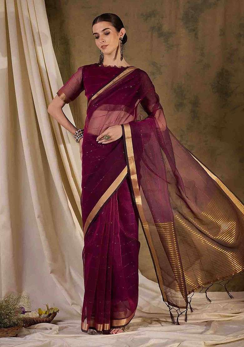 Purple Sequin Embellished Blended Saree Set - Indya