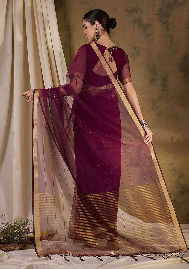 Purple Sequin Embellished Blended Saree Set - Indya
