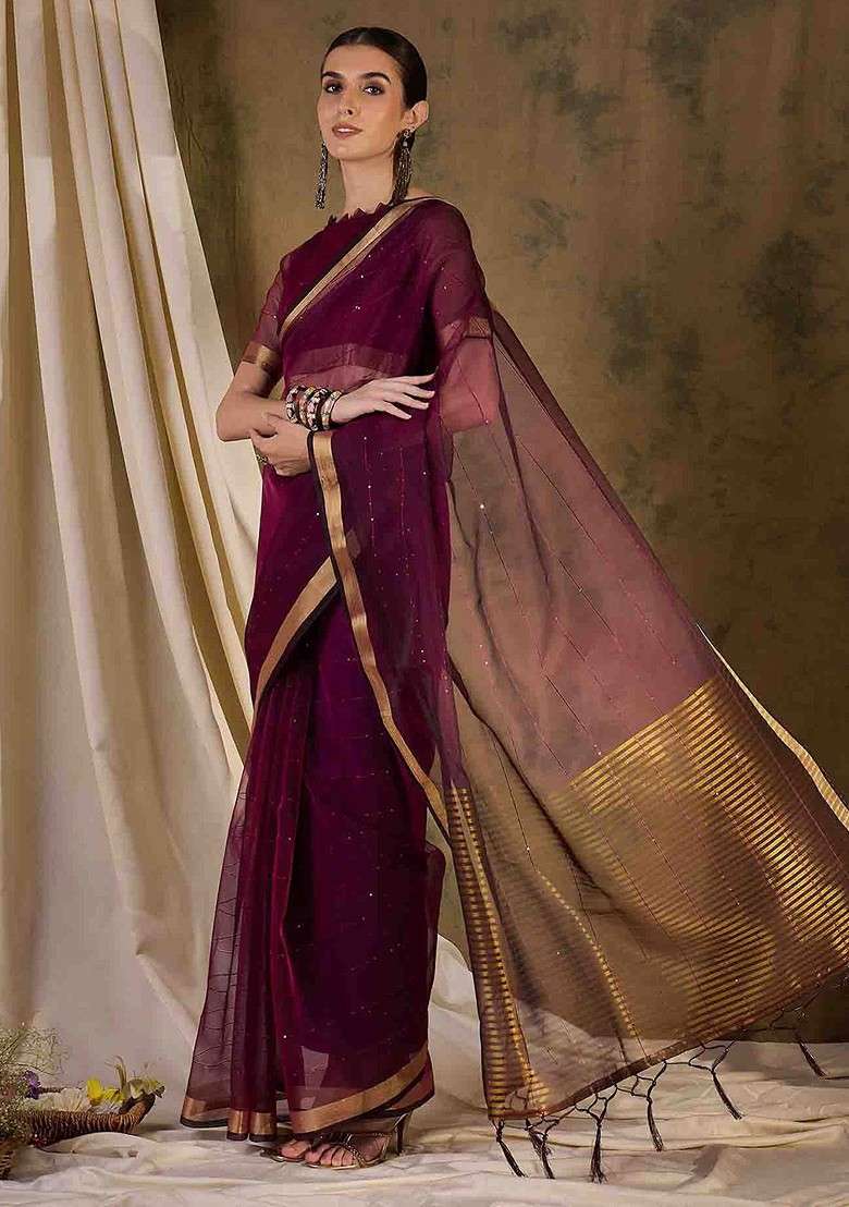 Purple Sequin Embellished Blended Saree Set - Indya