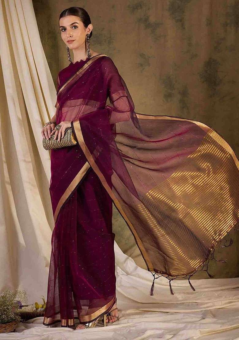 Purple Sequin Embellished Blended Saree Set - Indya