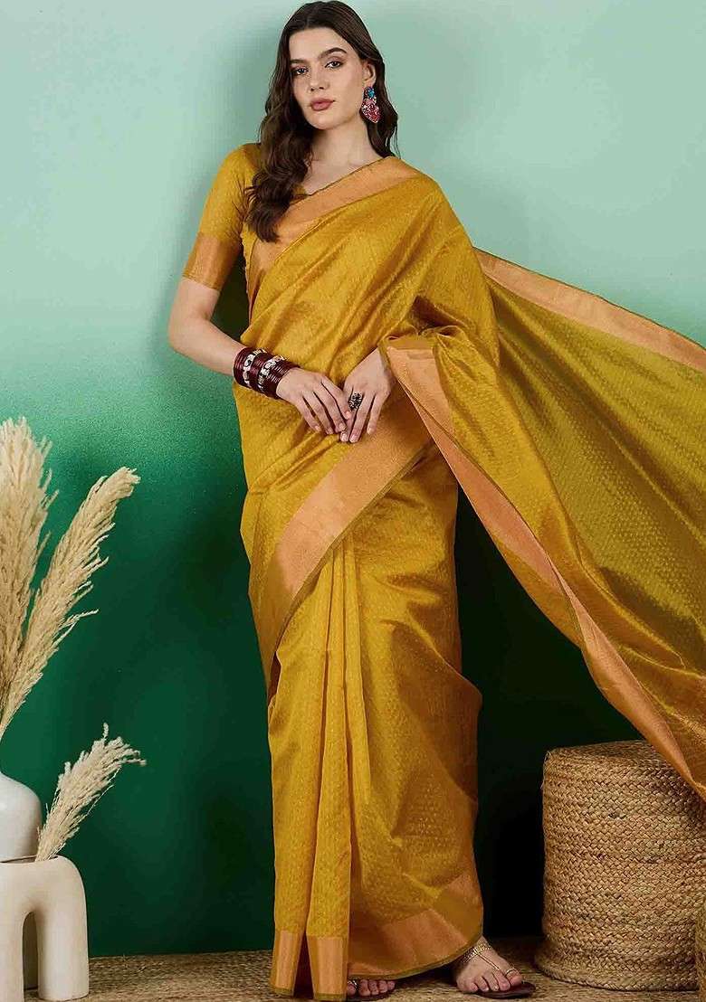 Gold Embroidered Blended Saree Set for Diwali and Festive Wear - Indya
