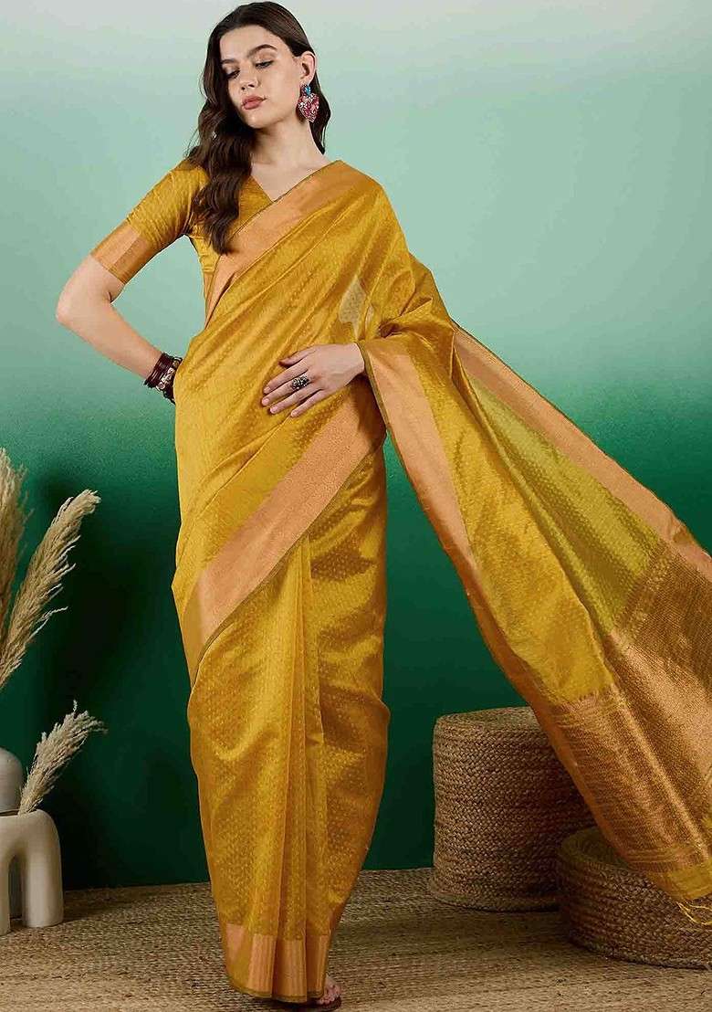 Gold Embroidered Blended Saree Set for Diwali and Festive Wear - Indya