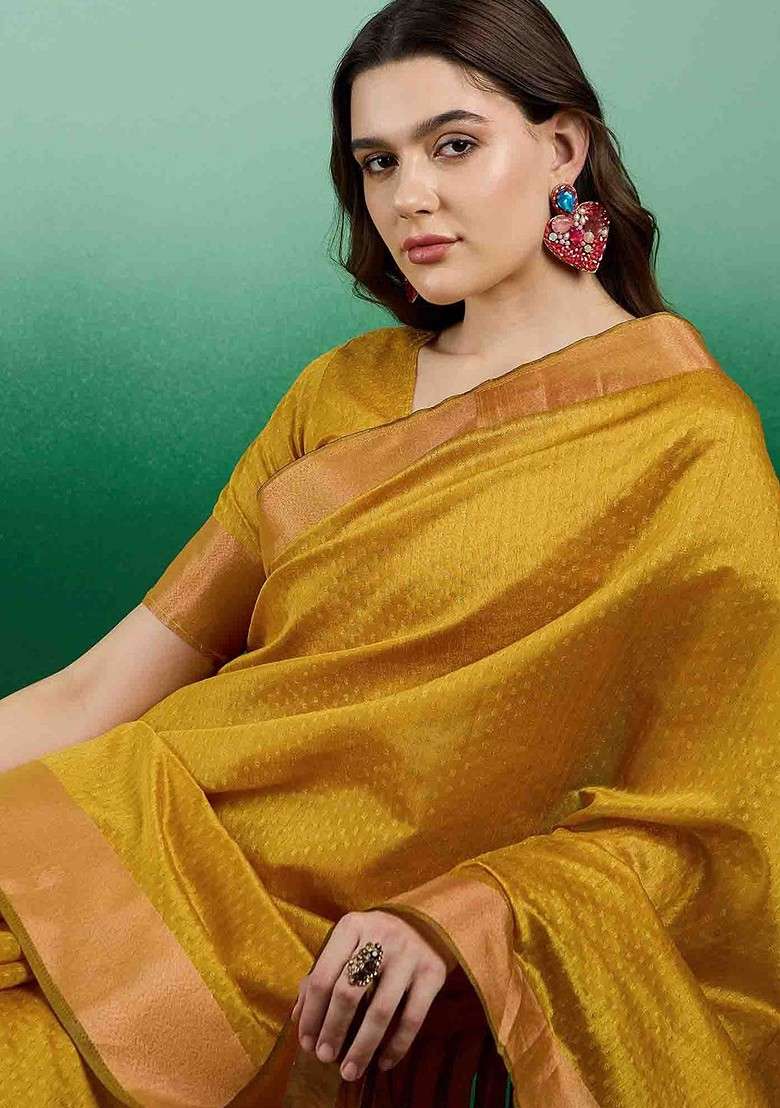 Gold Embroidered Blended Saree Set for Diwali and Festive Wear - Indya