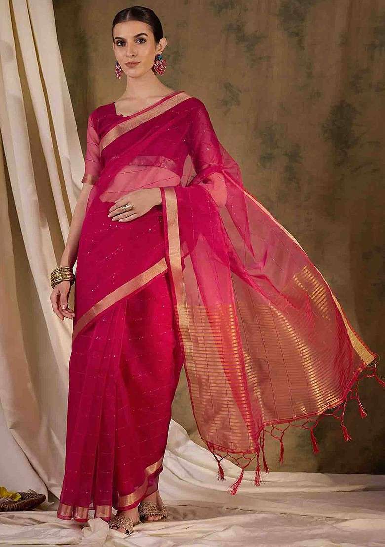 Pink Embellished Blended Saree Set with Sequin for Diwali | Wedding & Festive Wear - Indya