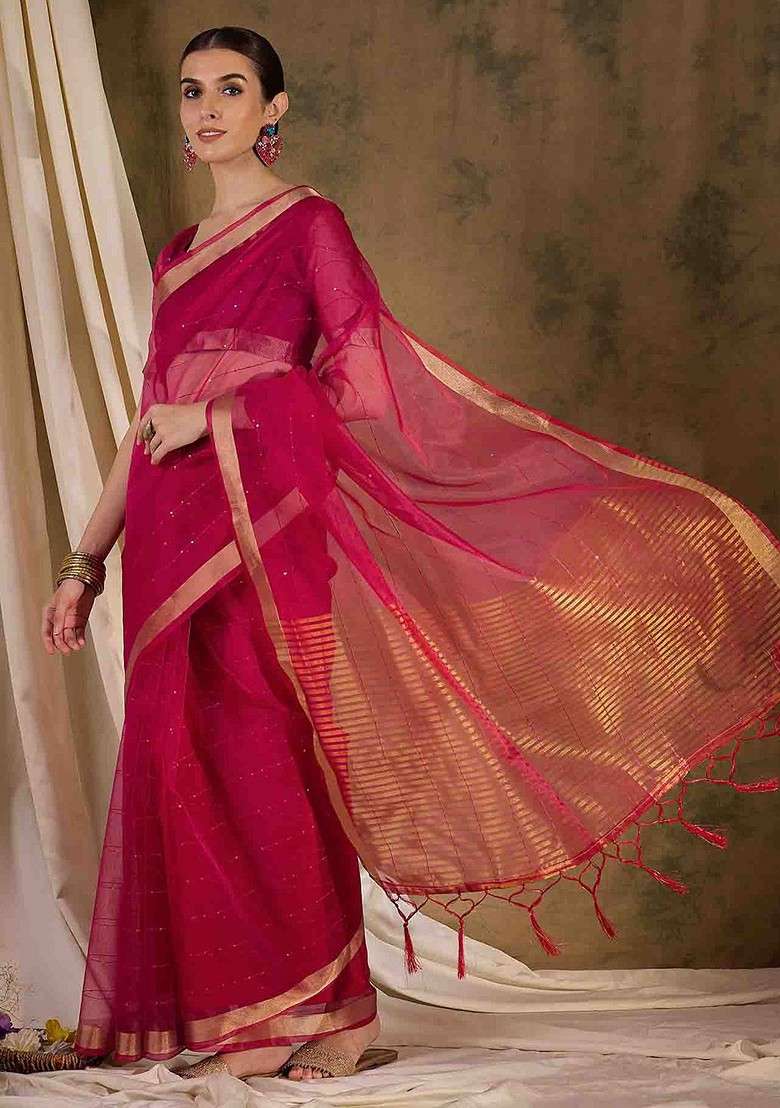 Pink Embellished Blended Saree Set with Sequin for Diwali | Wedding & Festive Wear - Indya