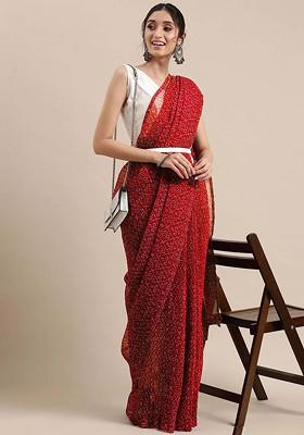 Red Printed Blended Saree Set