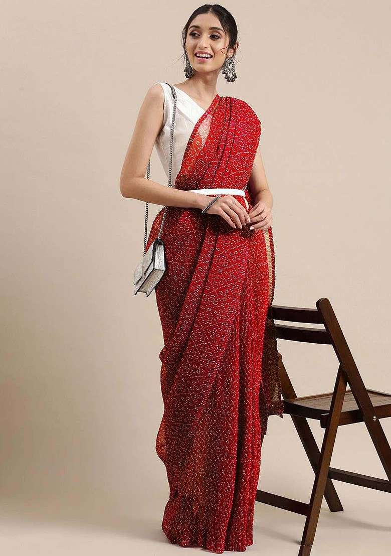 Red Printed Blended Saree Set - Indya