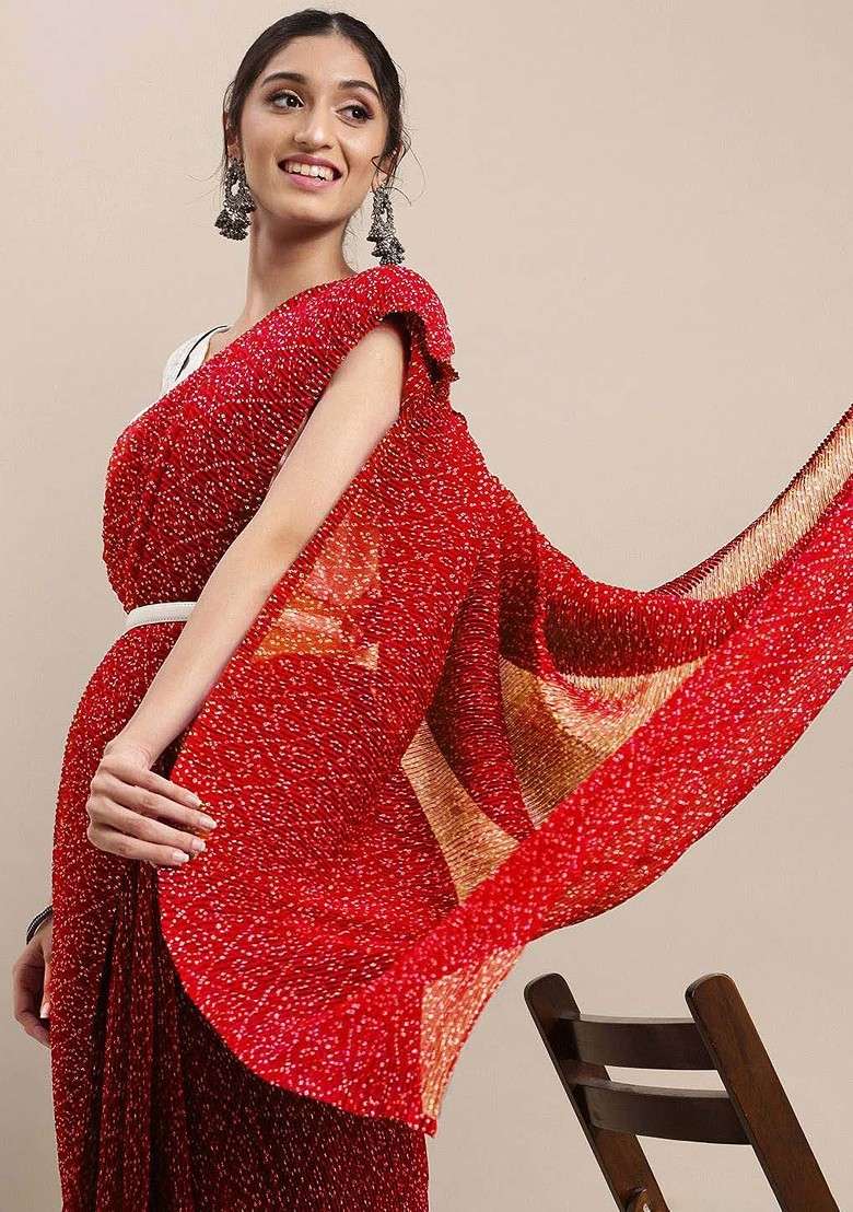 Red Printed Blended Saree Set - Indya
