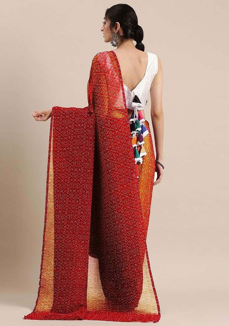 Red Printed Blended Saree Set - Indya