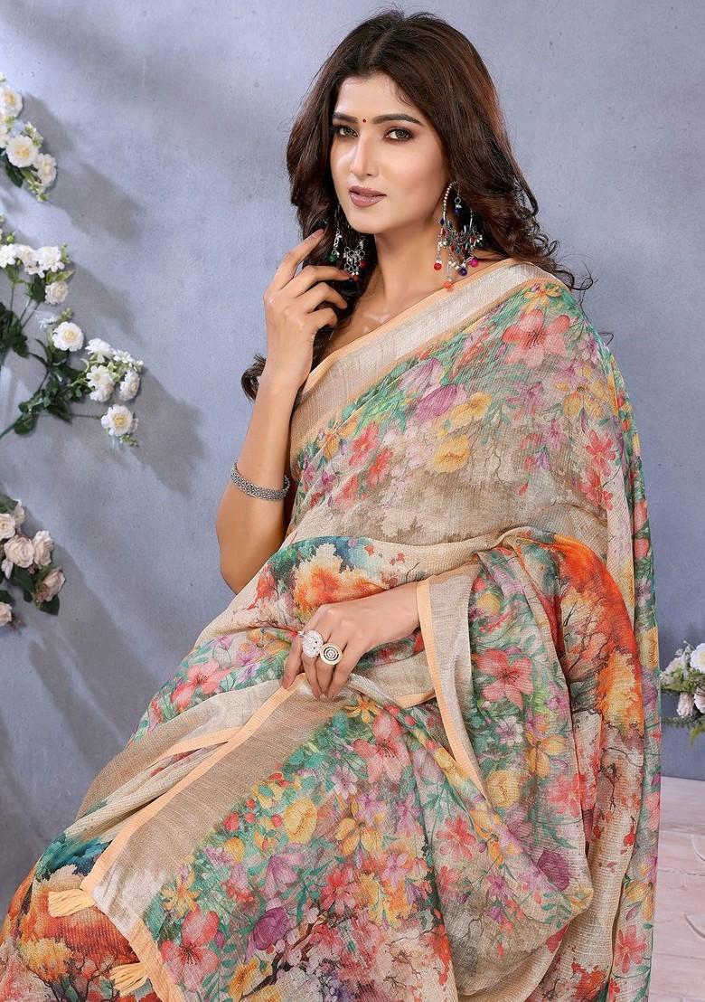Cream Printed Blended Saree Set - Indya