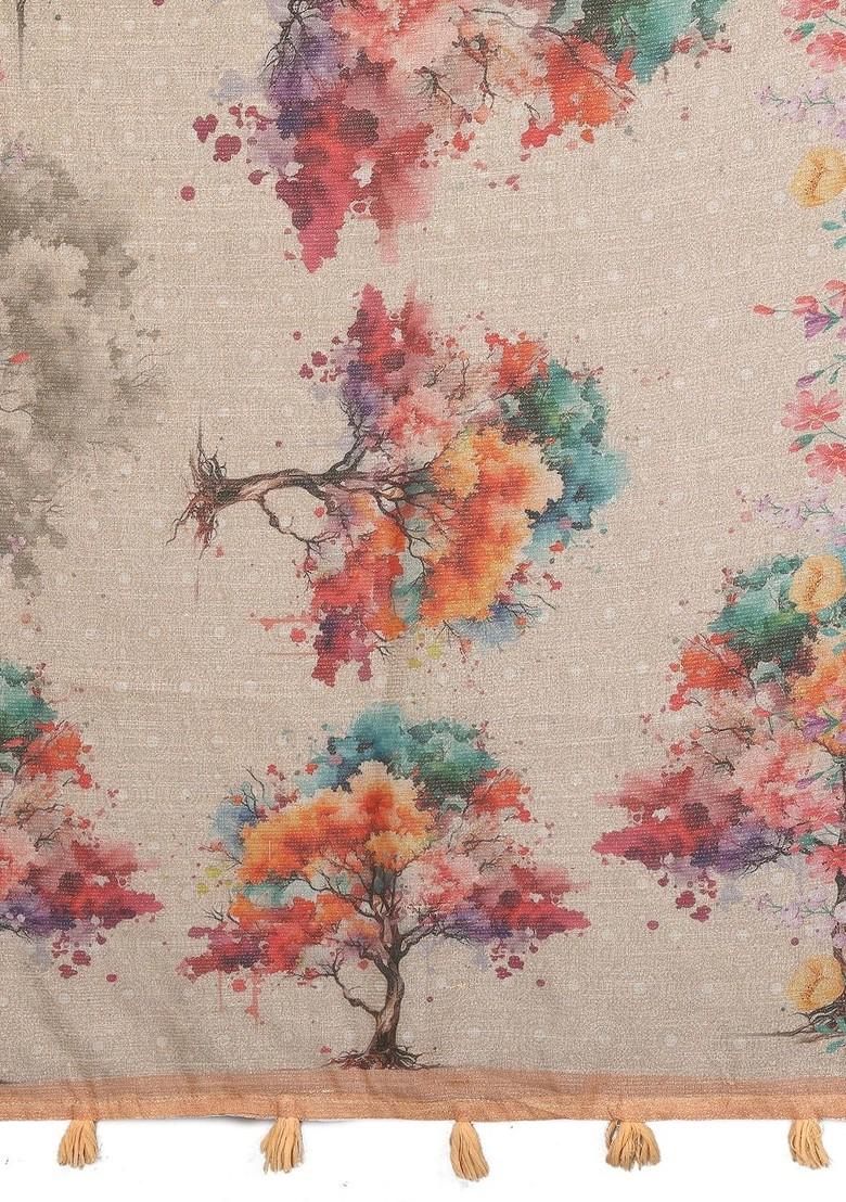 Cream Printed Blended Saree Set - Indya