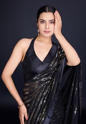 Black Embellished Blended Saree Set