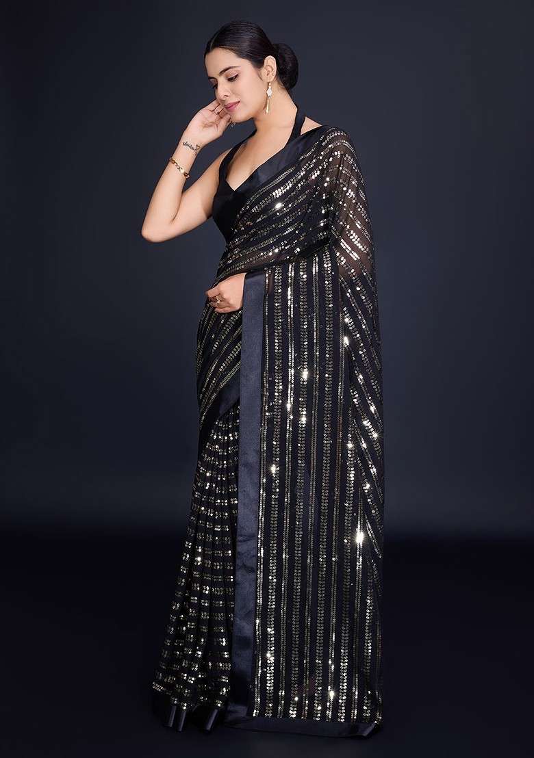 Black Embellished Blended Saree Set for Diwali | Wedding & Festive Wear - Indya