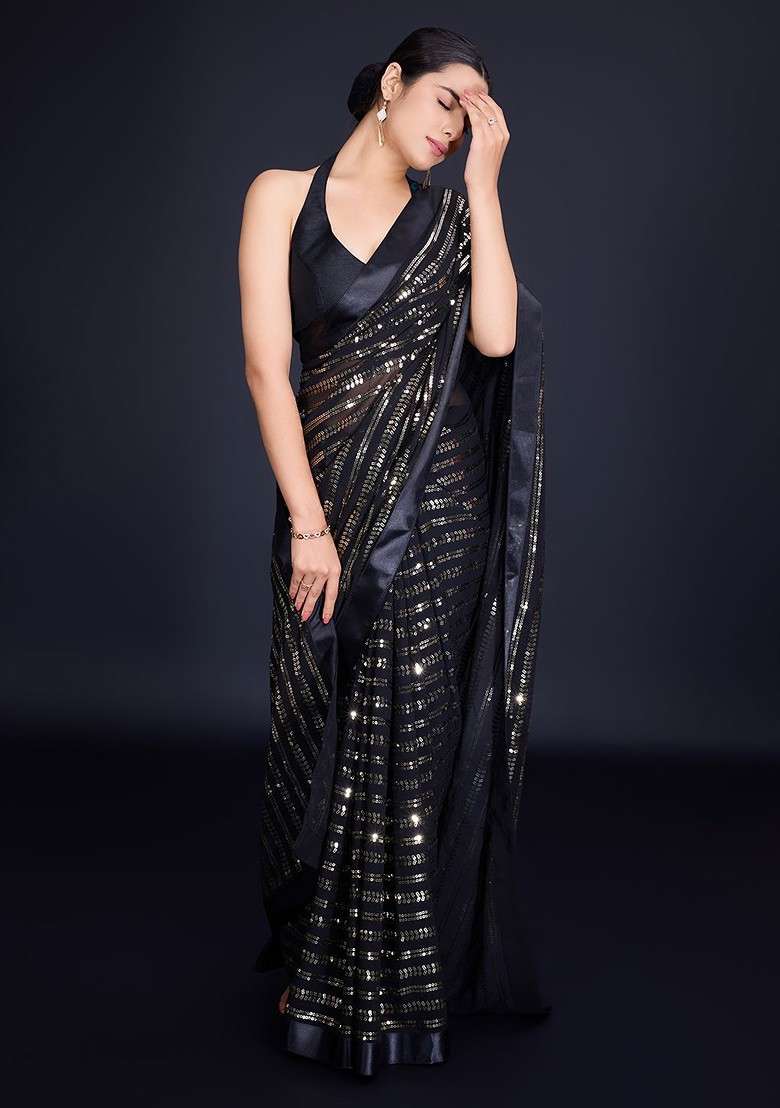 Black Embellished Blended Saree Set for Diwali | Wedding & Festive Wear - Indya