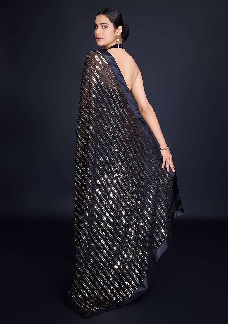 Black Embellished Blended Saree Set for Diwali | Wedding & Festive Wear - Indya