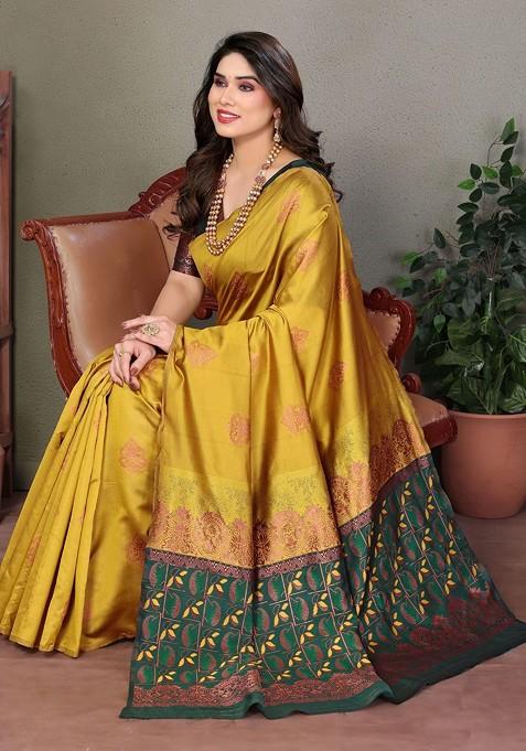 Yellow Embroidered Blended Saree Set