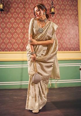 Cream Embroidered Blended Saree Set