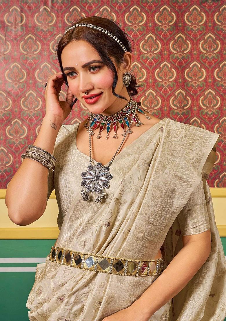 Cream Embroidered Blended Saree Set - Indya