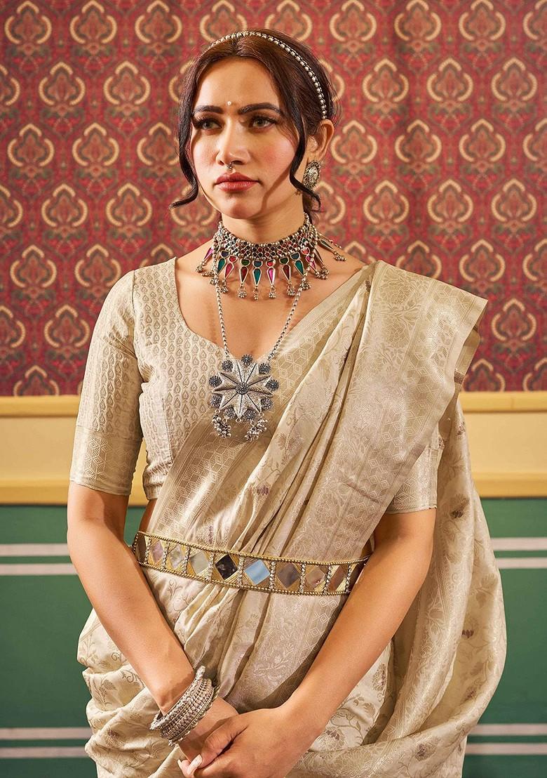 Cream Embroidered Blended Saree Set - Indya