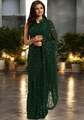 Green Embellished Blended Saree Set