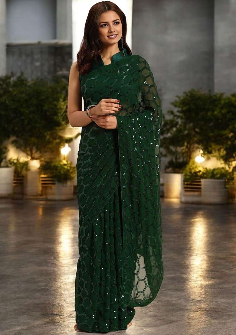 Green Embellished Blended Saree Set - Indya