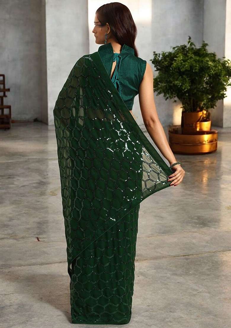 Green Embellished Blended Saree Set - Indya