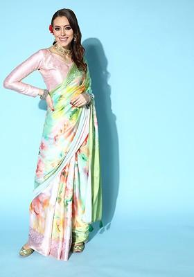 White Embroidered Blended Saree Set