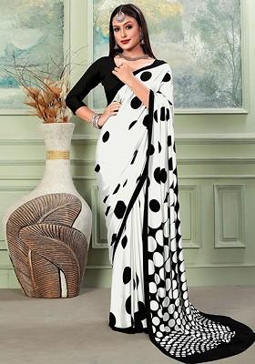 White Embroidered Blended Saree Set