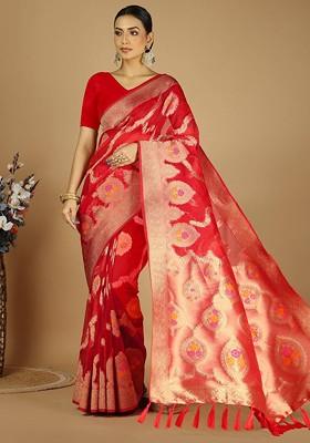 Red Embroidered Blended Saree Set