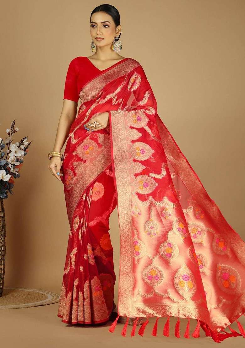 Red Embroidered Blended Saree Set - Indya