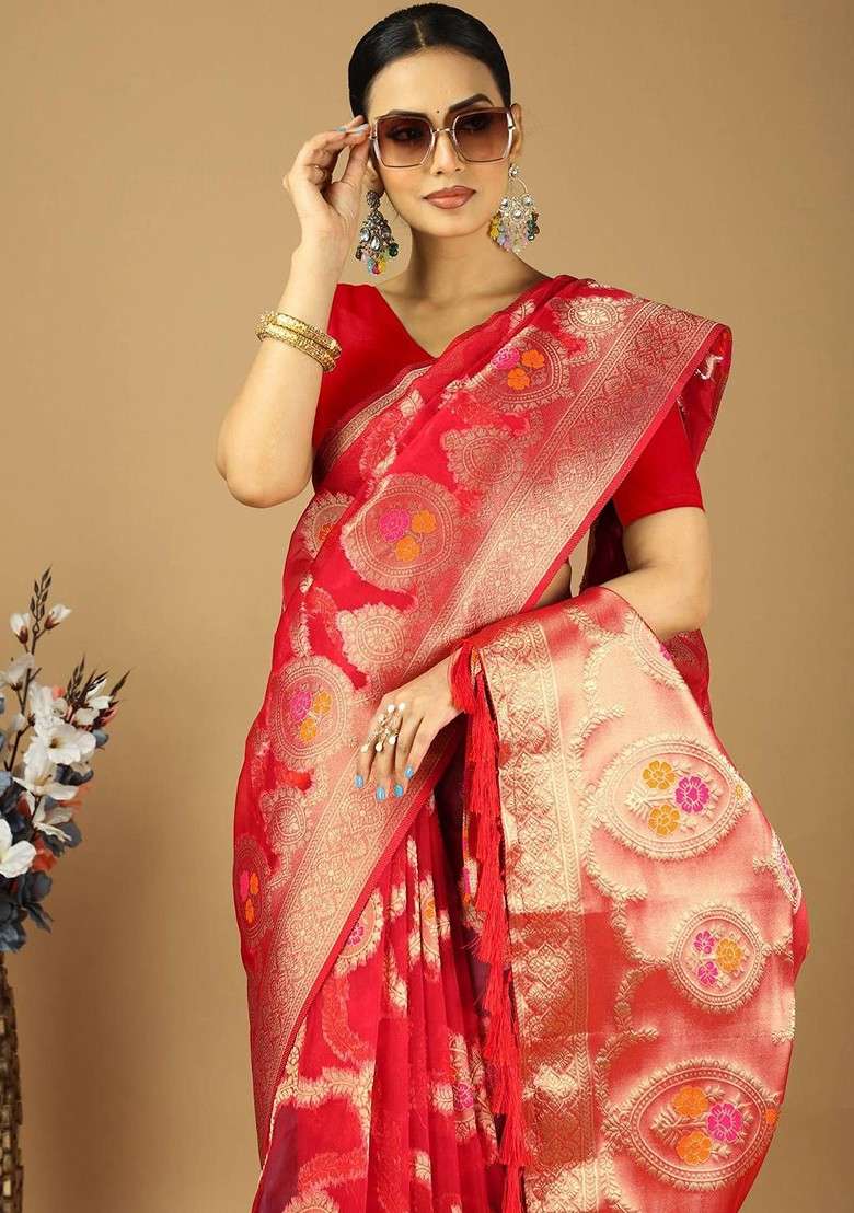 Red Embroidered Blended Saree Set - Indya