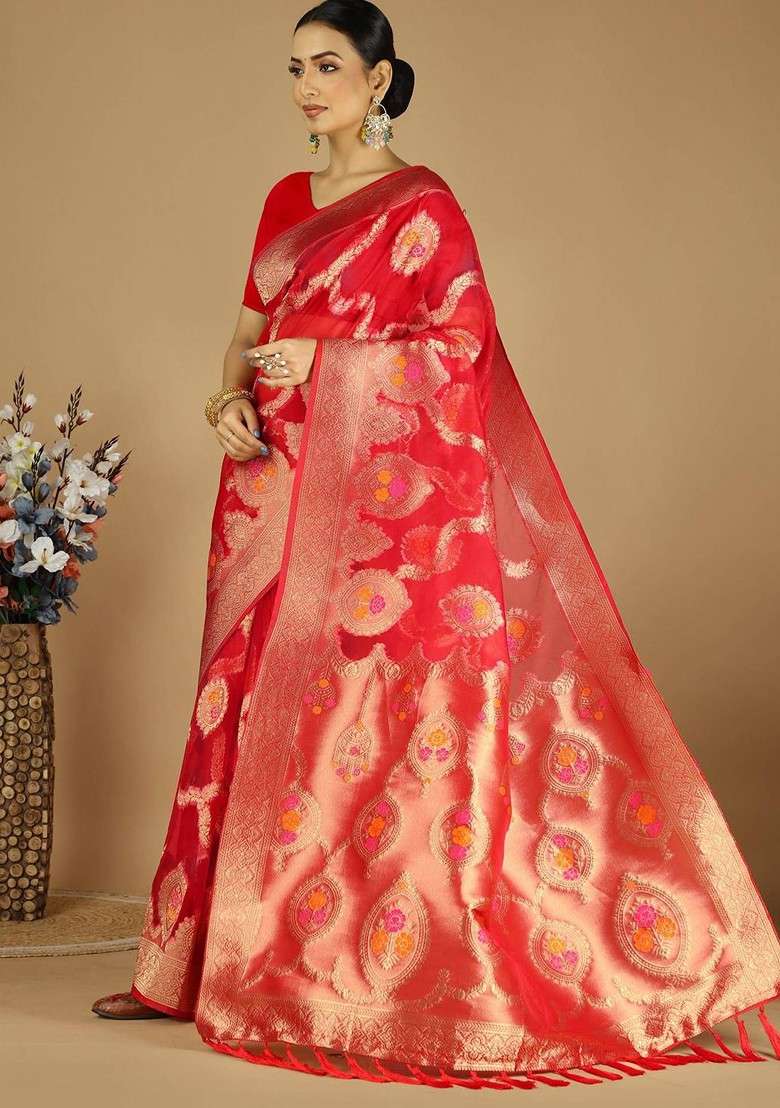Red Embroidered Blended Saree Set - Indya