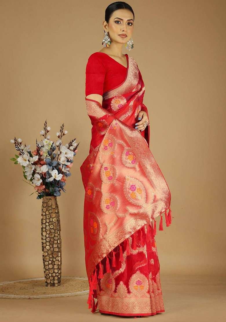 Red Embroidered Blended Saree Set - Indya